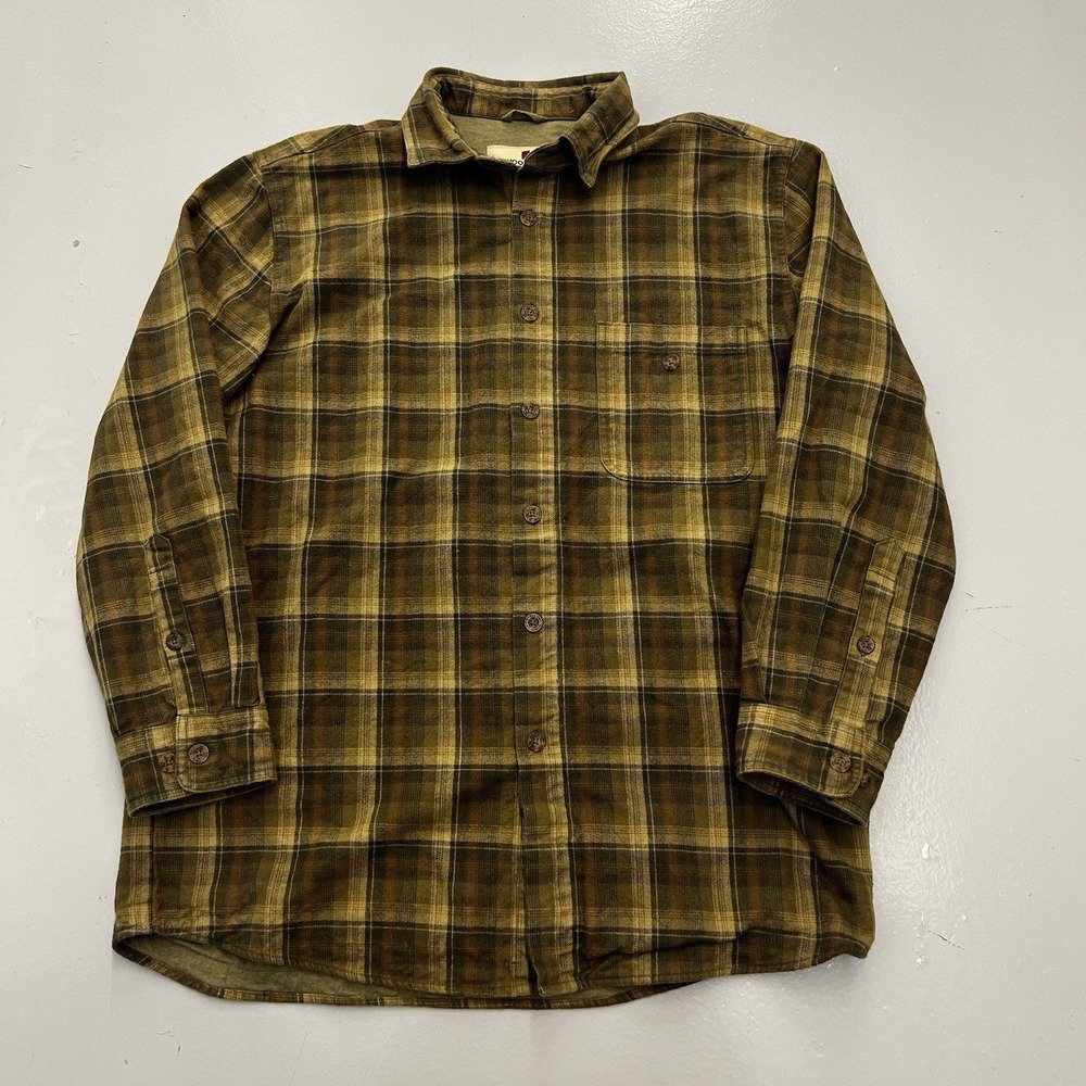 Woolrich Mens M Brown Olive Plaid Flannel Jersey Lined Button Up Shirt